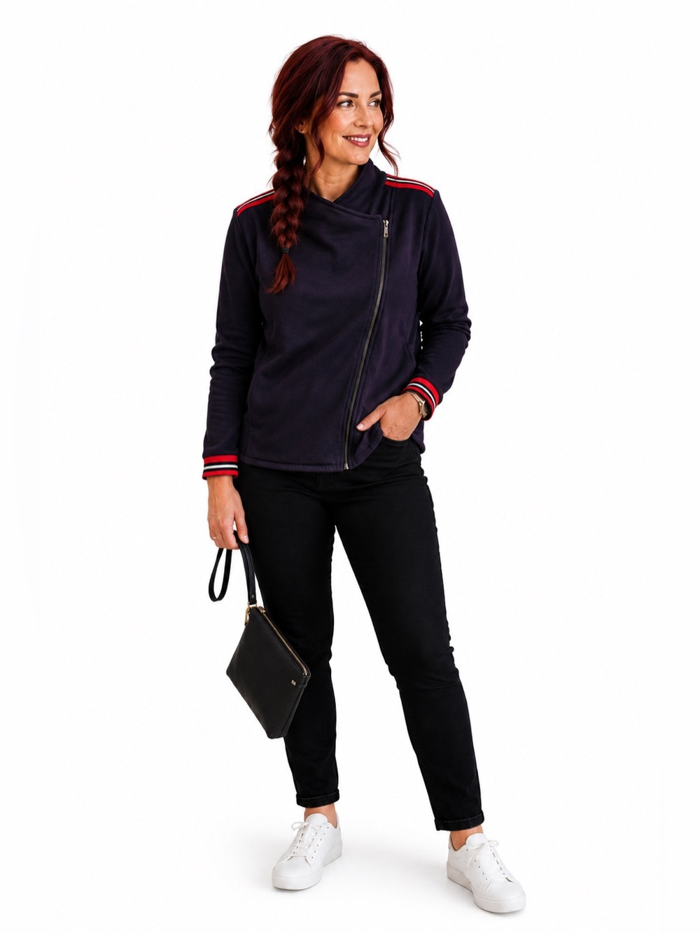 Saint + Sofia Asymmetrical Zip Moto Jacket Navy Red Stripe Ponte Knit Size 8